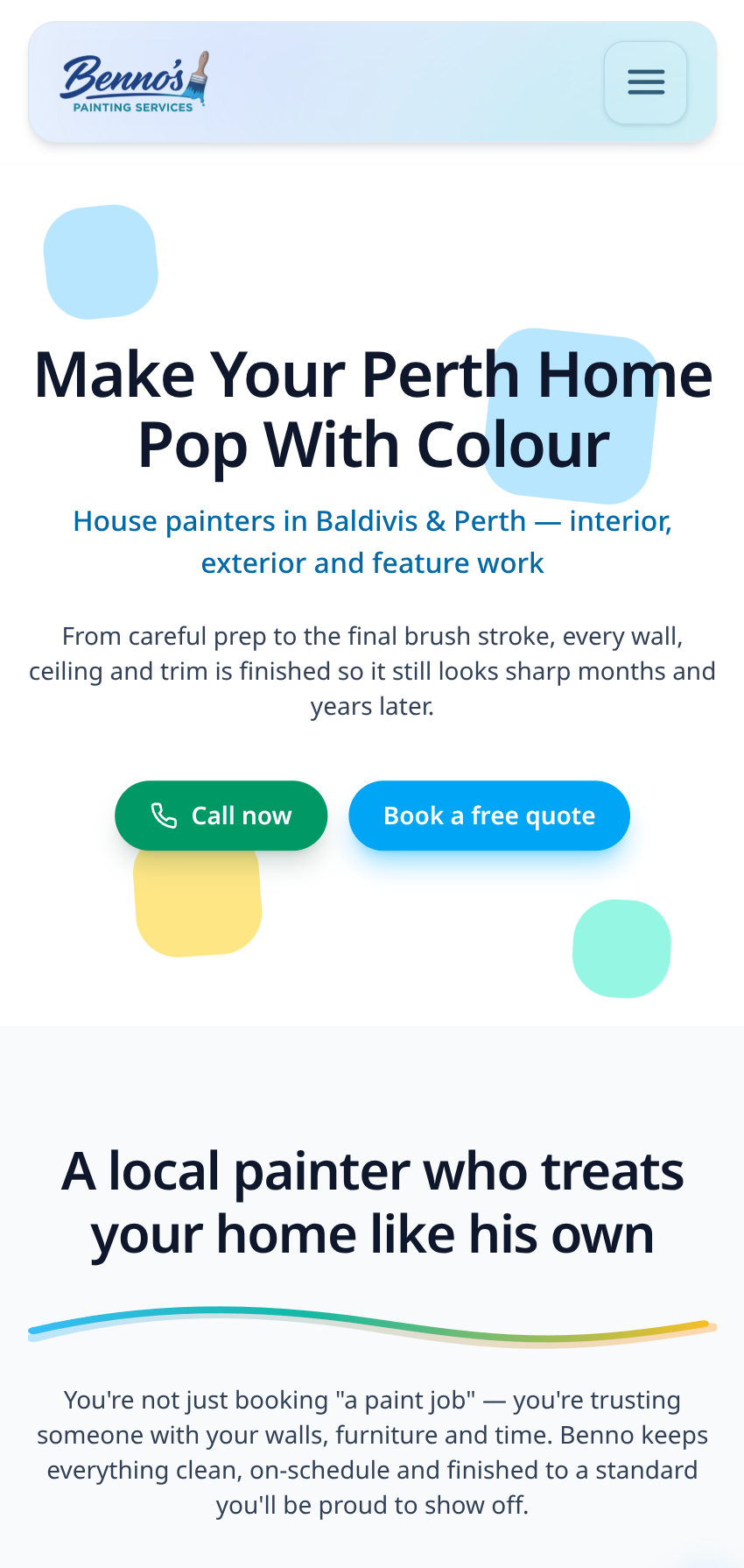 Mobile view of the Benno’s Painting Services website.